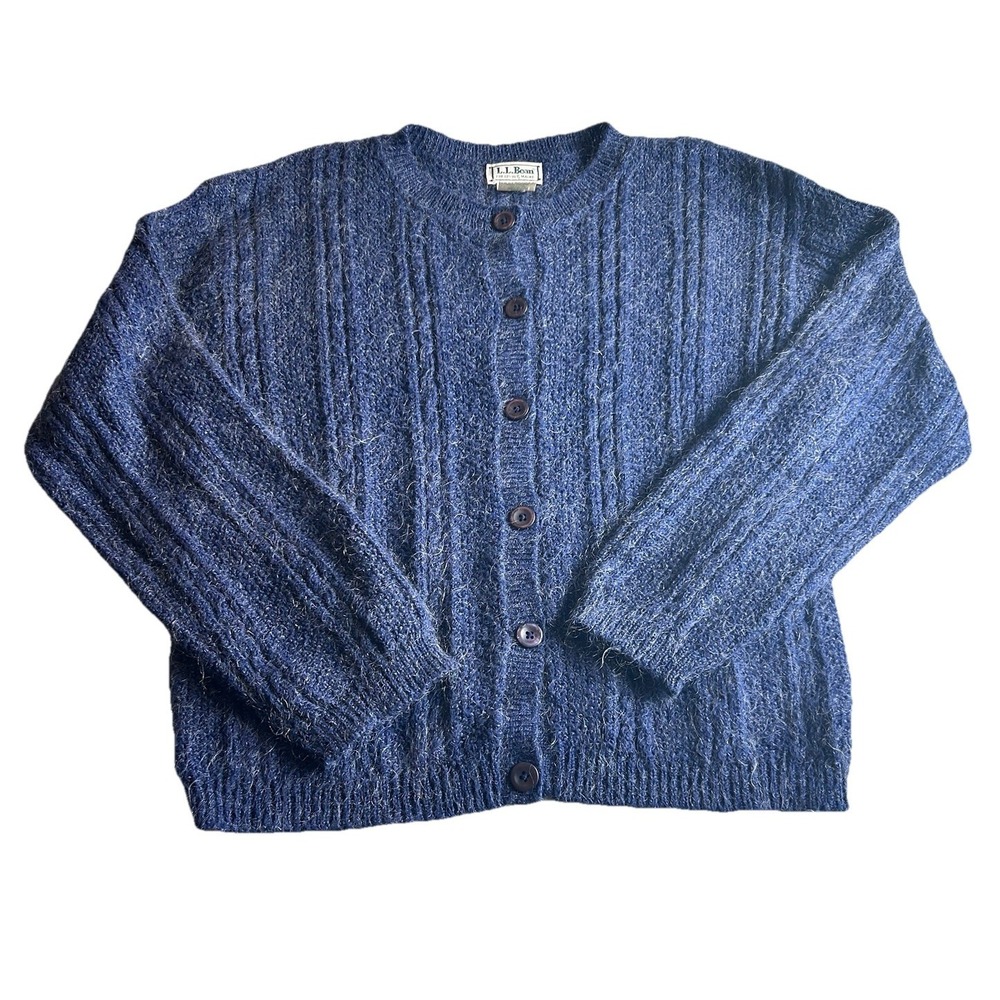 Vintage Womens LL BEAN Blue Mohair Button‎ up Cardigan Sweater MAINE Sz XL Cable
